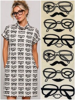 Smashed Lemon Amsterdam Quirky Novelty Unique Ivory Black Eyeglasses Print Dress